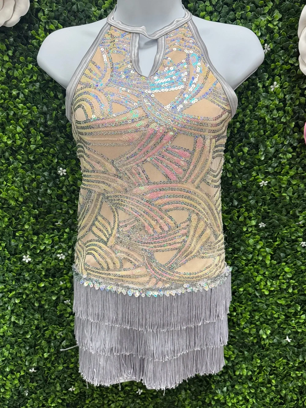 Weissman Nude and Silver Sequin Fringe Halter Dance Costume